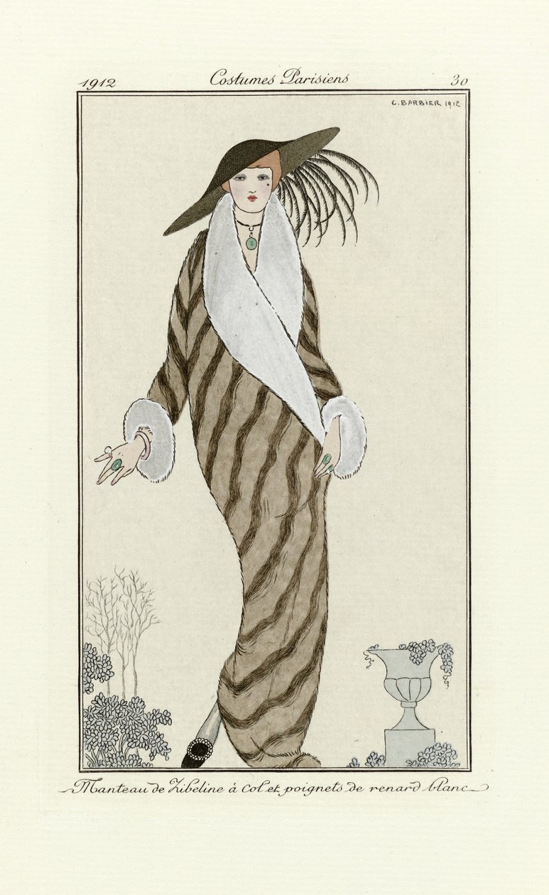 Sable takki White Fox -koristeella, Costumes Parisien, pub.1912 (pochoir print) tekijältä Georges Barbier