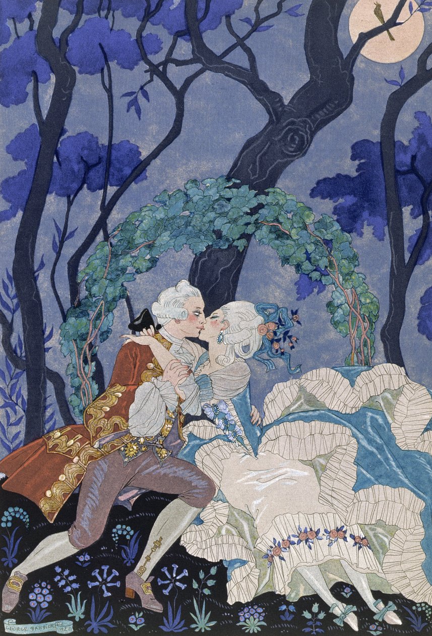 Secret Kiss, kuvitus Paul Verlainen (1844-96) Fetes Galantesille 1928 (stensiiliprintti) tekijältä Georges Barbier