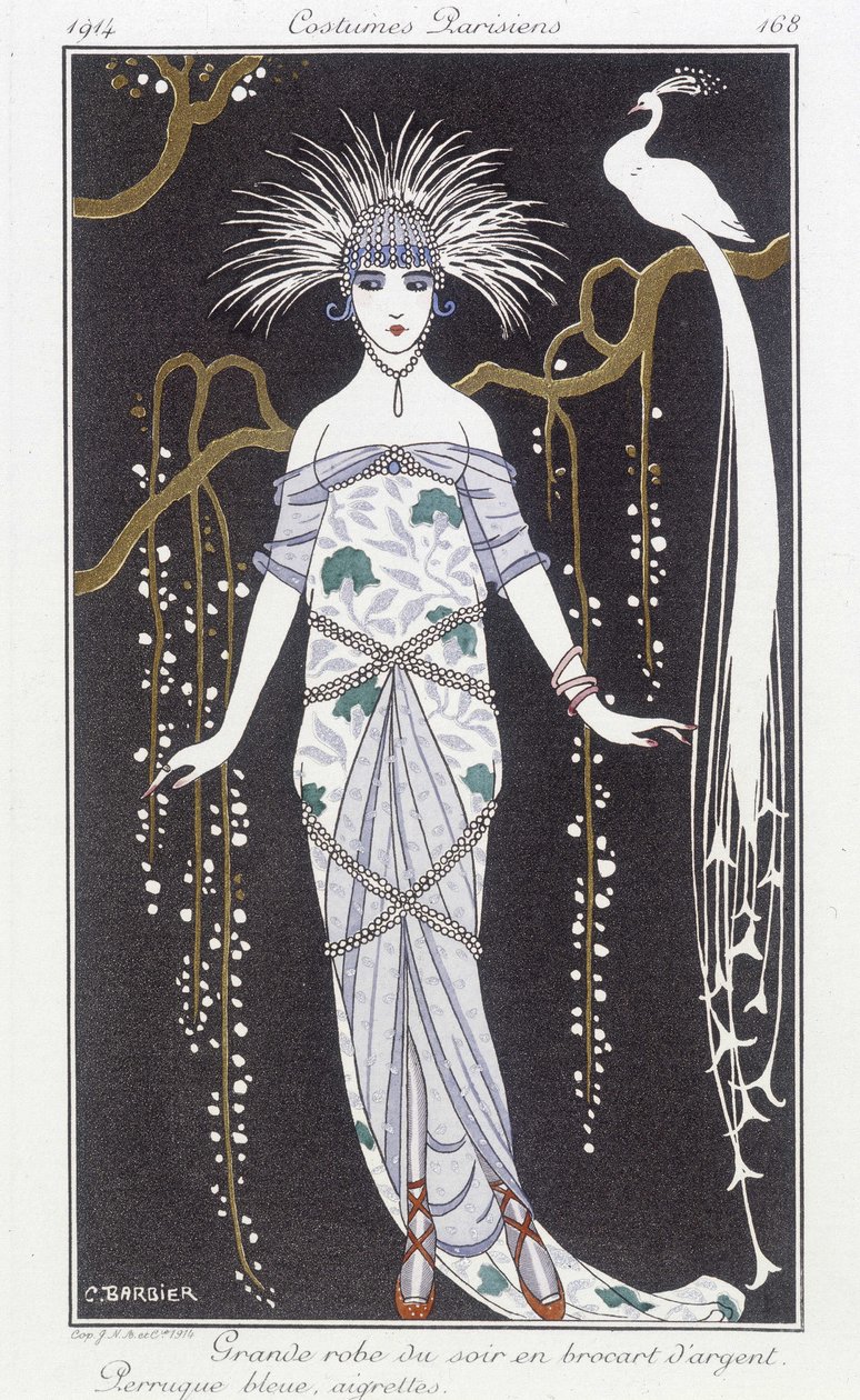 Hopeinen brokadi-iltapuku ja peruukki - kuvitus George Barbierin (1882-1932). julkaisussa "" Journal des dames et des modes: Costumes Parisiens"" tekijältä Georges Barbier