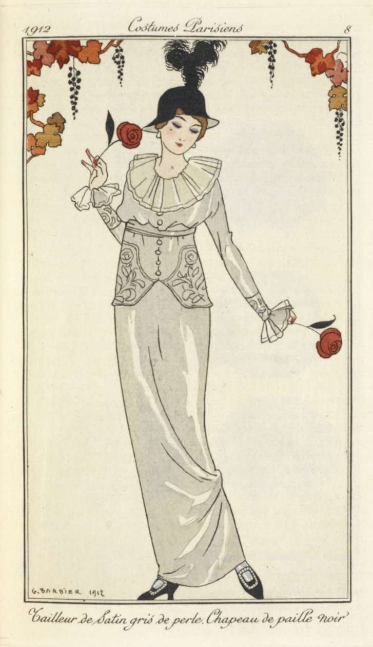 "Helmenharmaa satiinipuku, musta olkihattu." tekijältä Georges Barbier