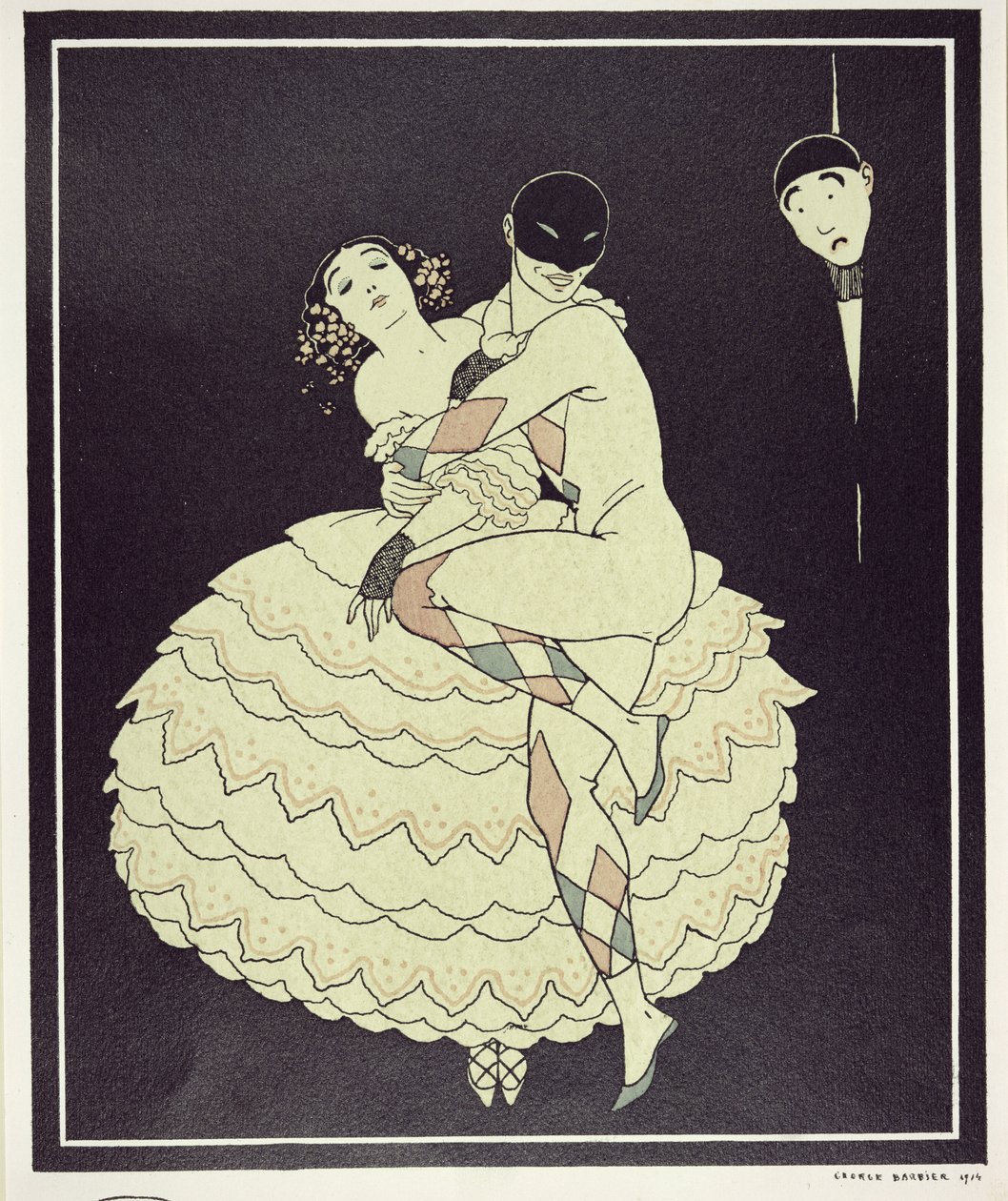 Tamara Karsavina (1885-1978) Columbinena ja Vaslav Nijinsky (1890-1950) Harlequinina Fokinen Carnavalissa vuonna 1910, pub. 1914 (pochoor print) tekijältä Georges Barbier