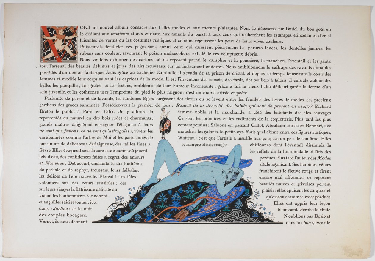 Teksti ja alaston hahmo, väriltään sininen. tekijältä Georges Barbier