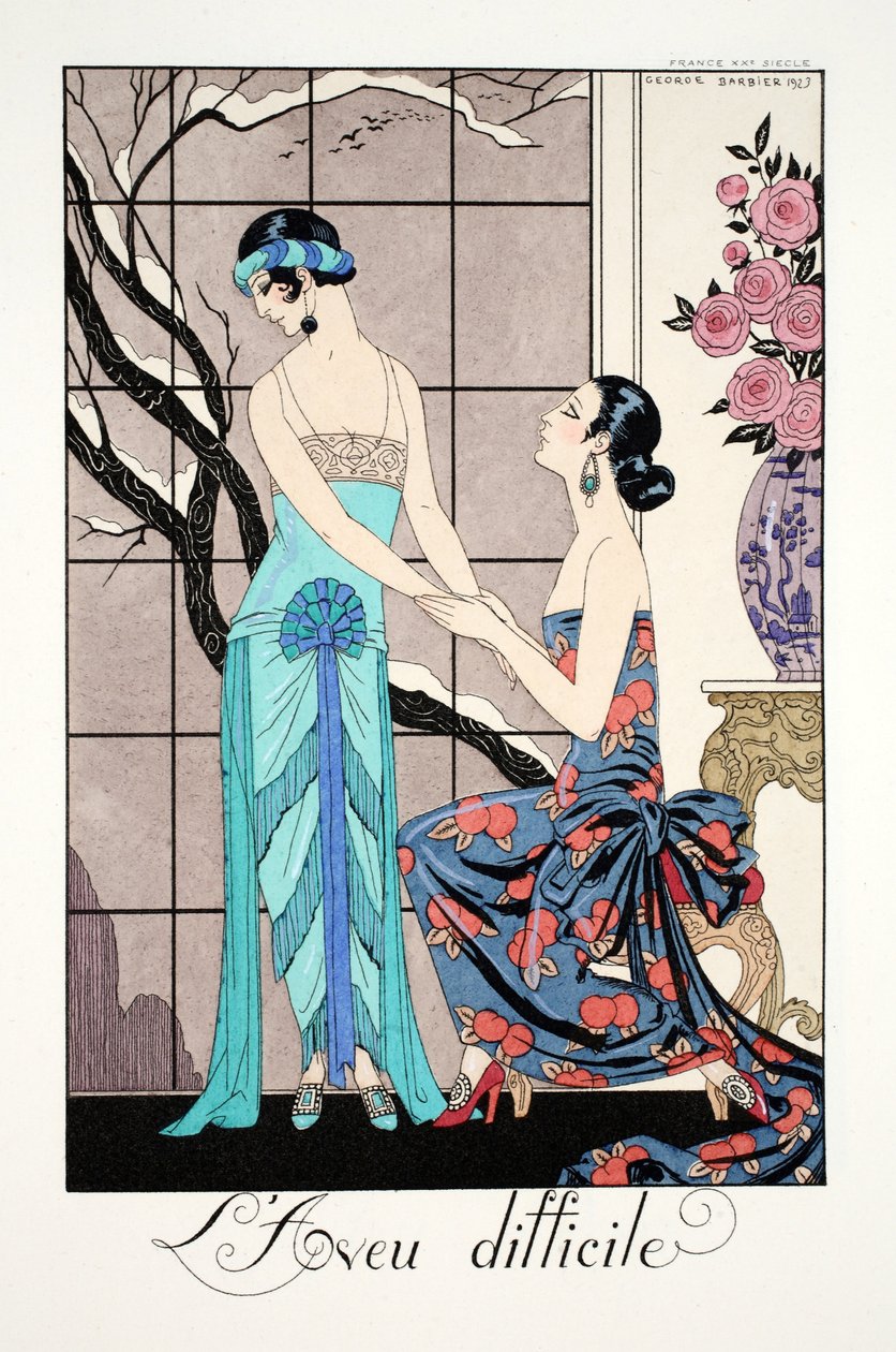 Vaikea sisäänpääsy, teoksesta "Falbalas ja Fanfreluches, nykyajan, menneisyyden ja tulevaisuuden almanakka" tekijältä Georges Barbier