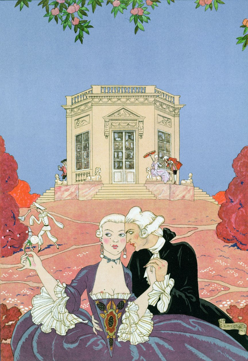 The Indolents, kuvitus Paul Verlainen (1844-96) Fetes Galantesille 1928 (stensiiliprintti) tekijältä Georges Barbier