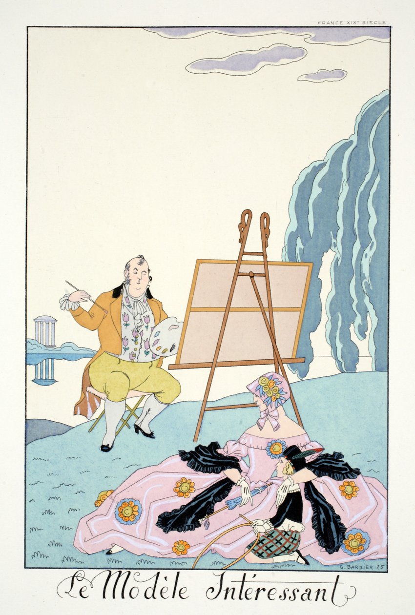 Mielenkiintoinen malli julkaisusta "Falbalas and Fanfreluches, Almanac of Present, Past and Future Modes" tekijältä Georges Barbier
