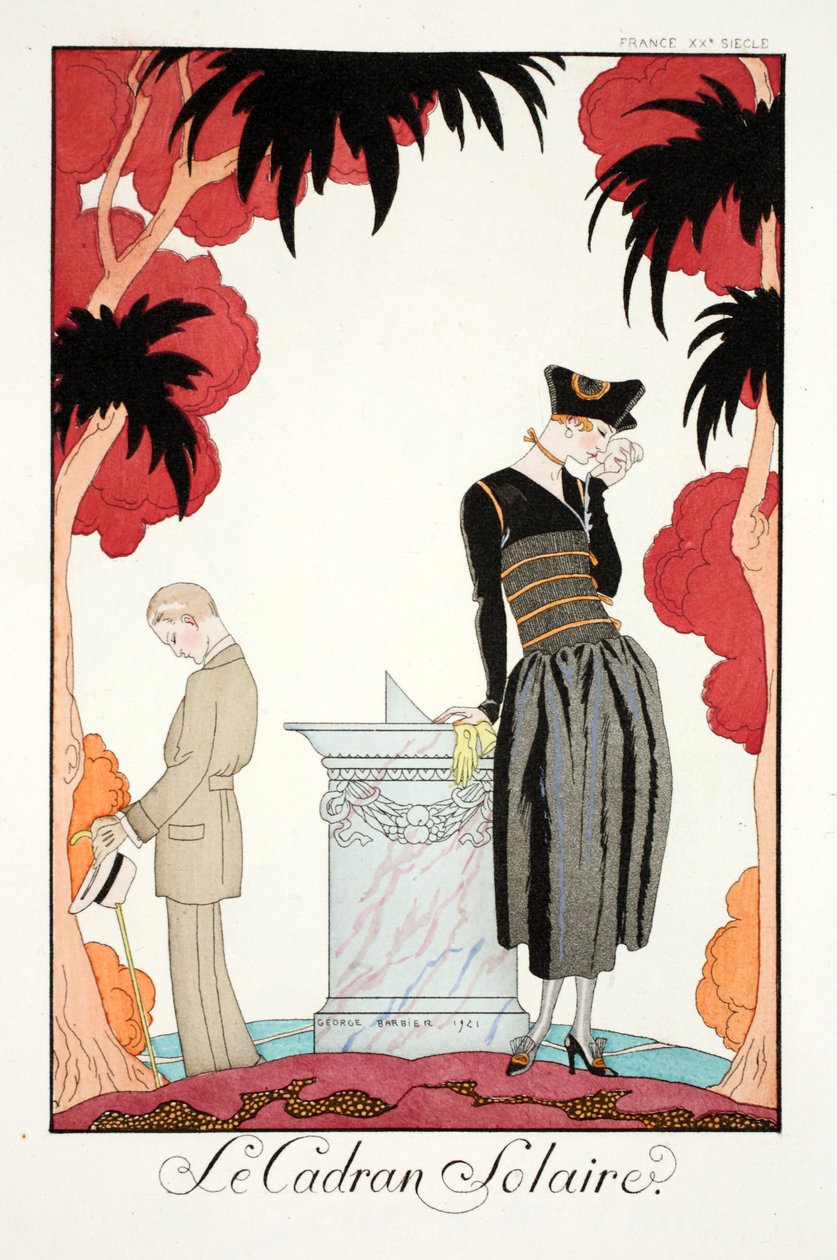 Aurinkokello, teoksesta "Falbalas et Fanfreluches, nykyajan, menneisyyden ja tulevaisuuden almanakka" tekijältä Georges Barbier
