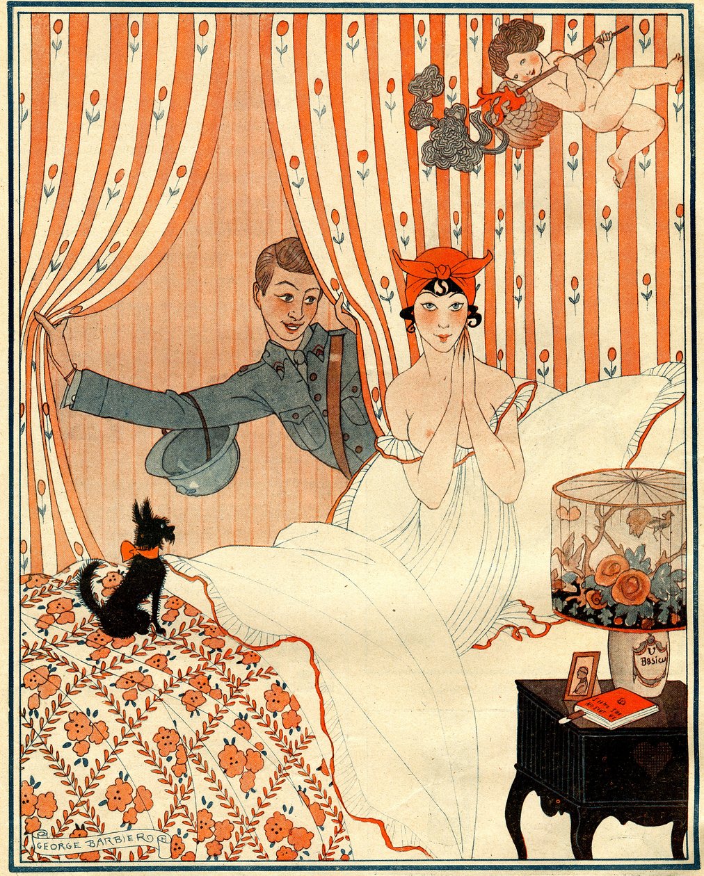 Suunnittelematon paluu… Tai herätyskello - kuvitus la Vie Parisiennesta tekijältä Georges Barbier