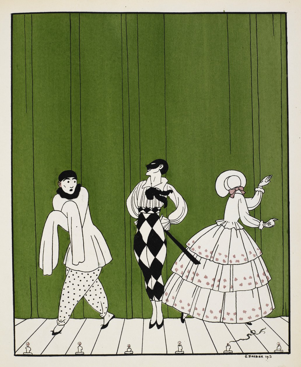 Kolme hahmoa vuoden 1910 baletista Carnaval, jonka on säveltänyt Robert Schumann. Vasemmalla on miimitaiteilija. Keskellä on mies, joka on pukeutunut valkoiseen paitaan, jossa on musta solmio ja ruudulliset housut ja jolla on naamio. Oikealla on nainen, ka tekijältä Georges Barbier
