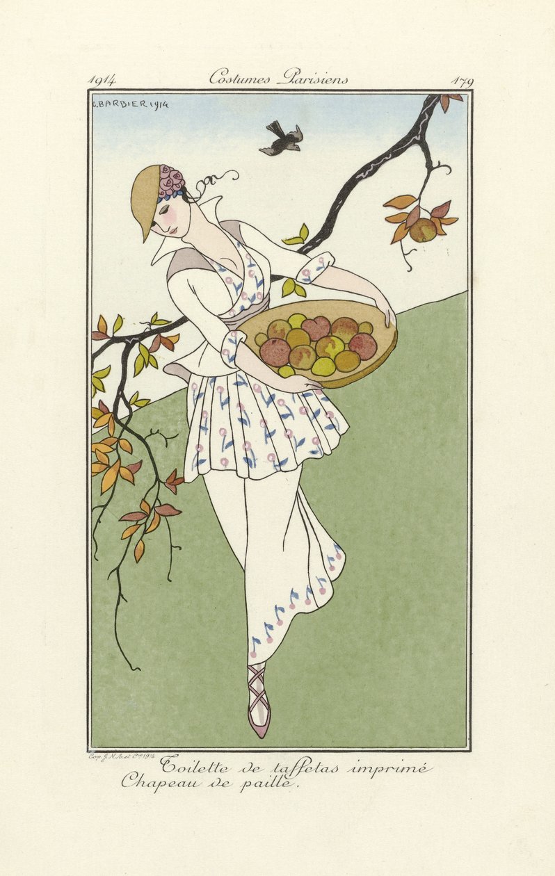 Painettu tafti-wc, olkihattu, Costume Parisiens, pub.1914 (stensiiliprintti) tekijältä Georges Barbier