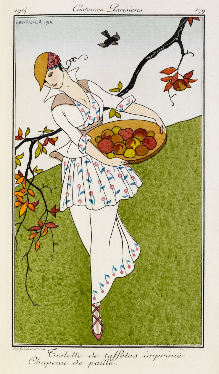 Toilette de taffetas imprime chapeau de paille. Puvut Parisiens no.179. Nainen, jolla on silkkipainettu asu ja olkihattu. Hän kantaa hedelmäkulhoa. tekijältä Georges Barbier