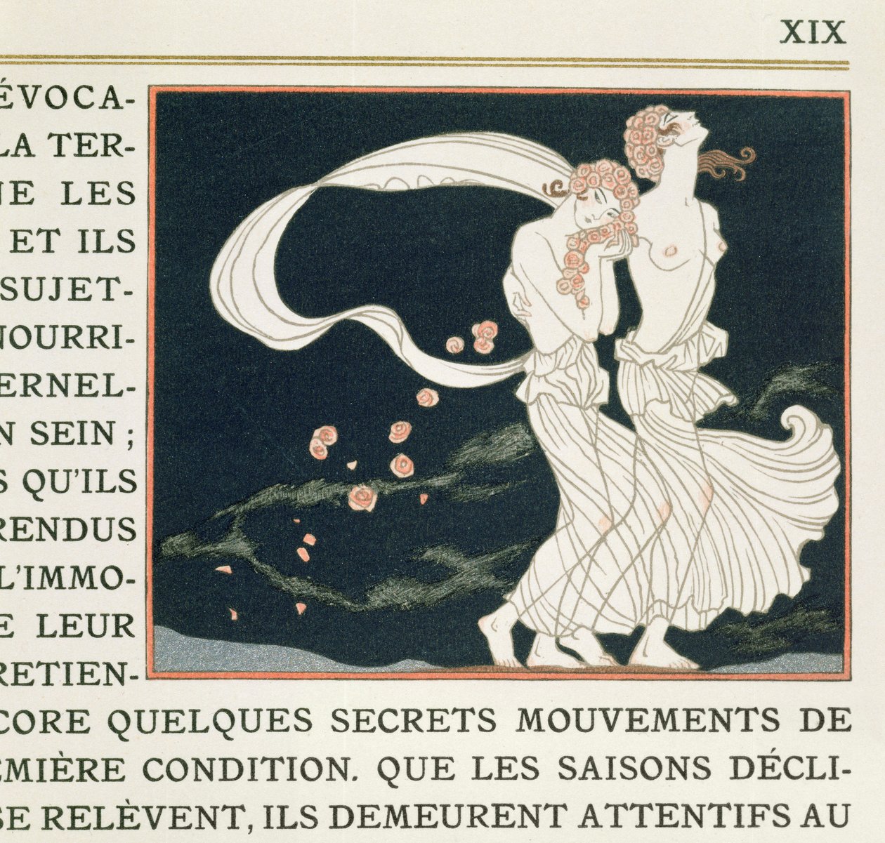 Kaksi kreikkalaiseen tyyliin pukeutunutta tyttöä, kuvitus Paul Valeryn (1871-1945) Les Mythesistä, julkaistu 1923 (pochoor print) tekijältä Georges Barbier
