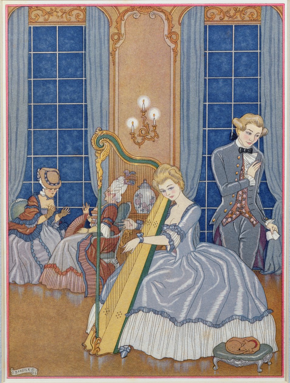 Valmont viettelemässä uhriaan, kuvitus Pierre Chodlerlos de Laclosin (1741-1803) Les Liaisons Dangereuses -teoksesta 1929 (stensiiliprintti) tekijältä Georges Barbier
