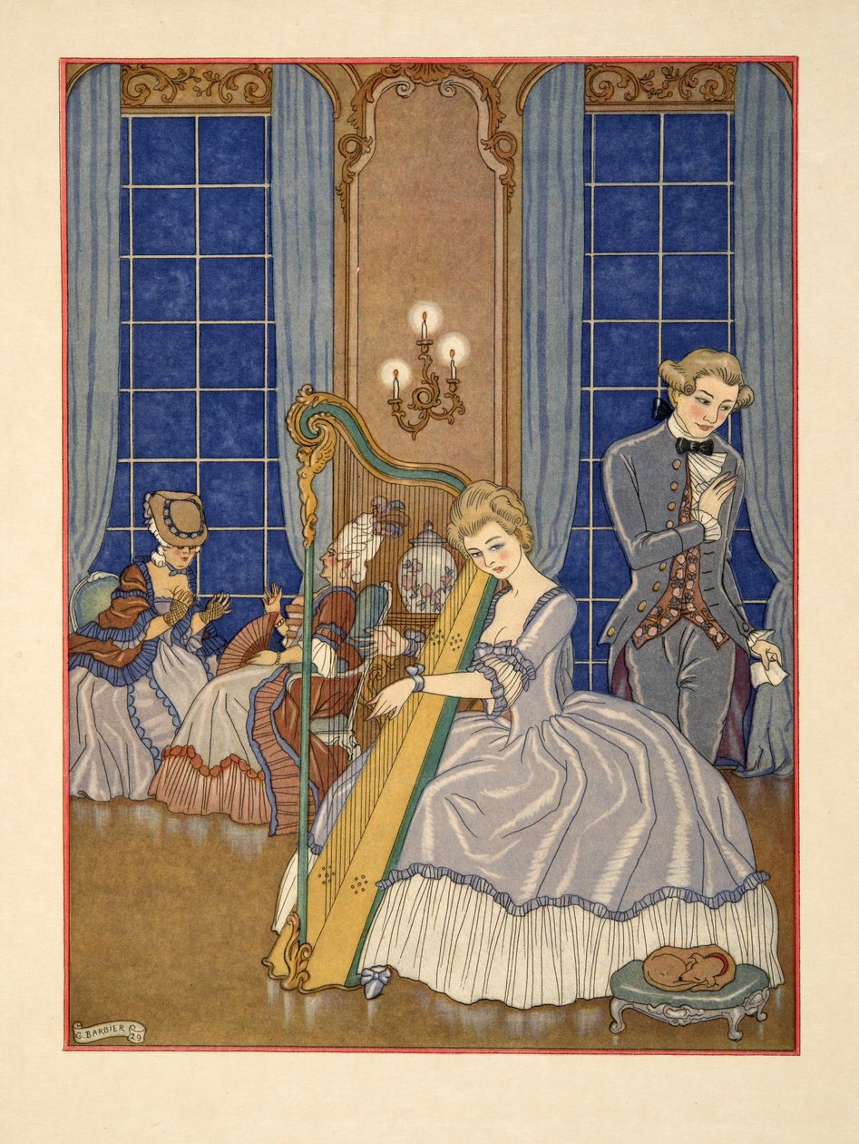 Valmont viettelemässä uhriaan, kuvitus Pierre Chodlerlos de Laclosin (1741-1803) pubista "Les Liaisons Dangereuses". 1934 (stensiiliprintti) tekijältä Georges Barbier