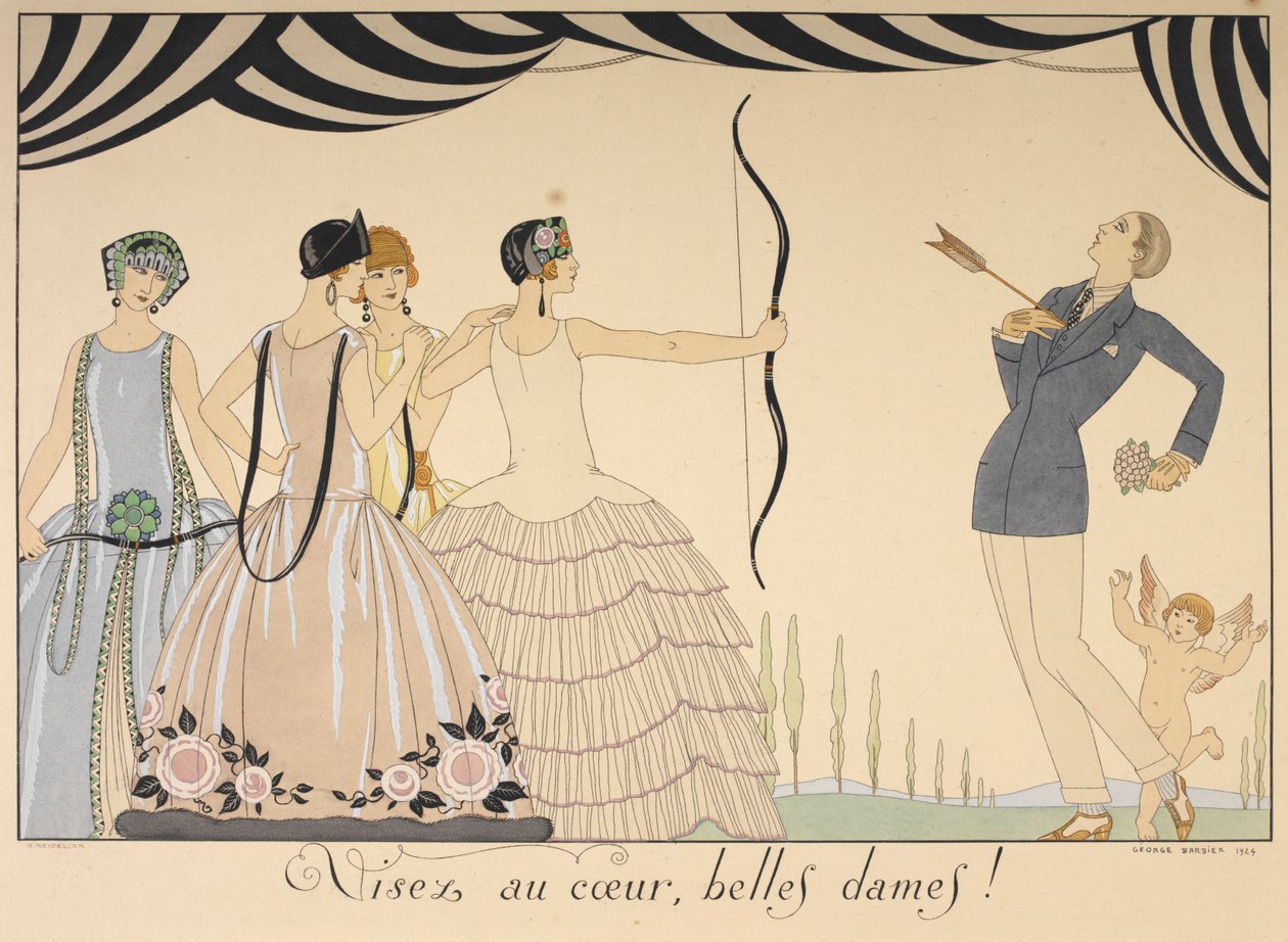 Visez au coeur, belles dames. Tavoittele sydämelliset naiset. Nainen ampuu nuolella miestä sydämeen. tekijältä Georges Barbier