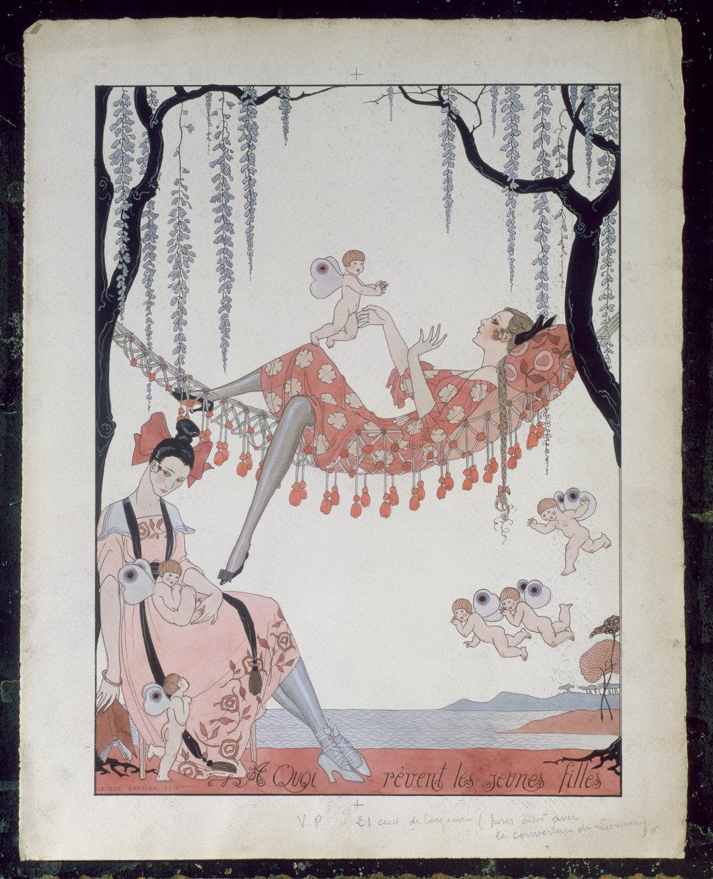 Mistä nuoret naiset haaveilevat? 1918 (kynä, muste ja akvarelli paperille) tekijältä Georges Barbier