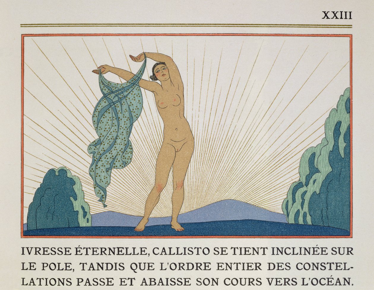 Woman Dancing, kuvitus Paul Valeryn (1871-1945) "Les Mythes" -julkaisusta, julkaistu 1923 (pochoor print) tekijältä Georges Barbier