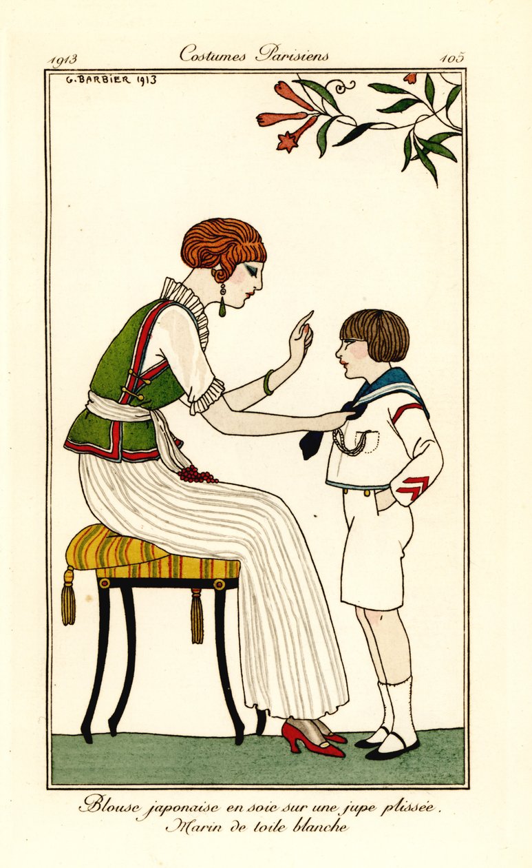 Nainen japanilaisessa silkkipuserossa ja pitkässä laskoshameessa tekijältä Georges Barbier