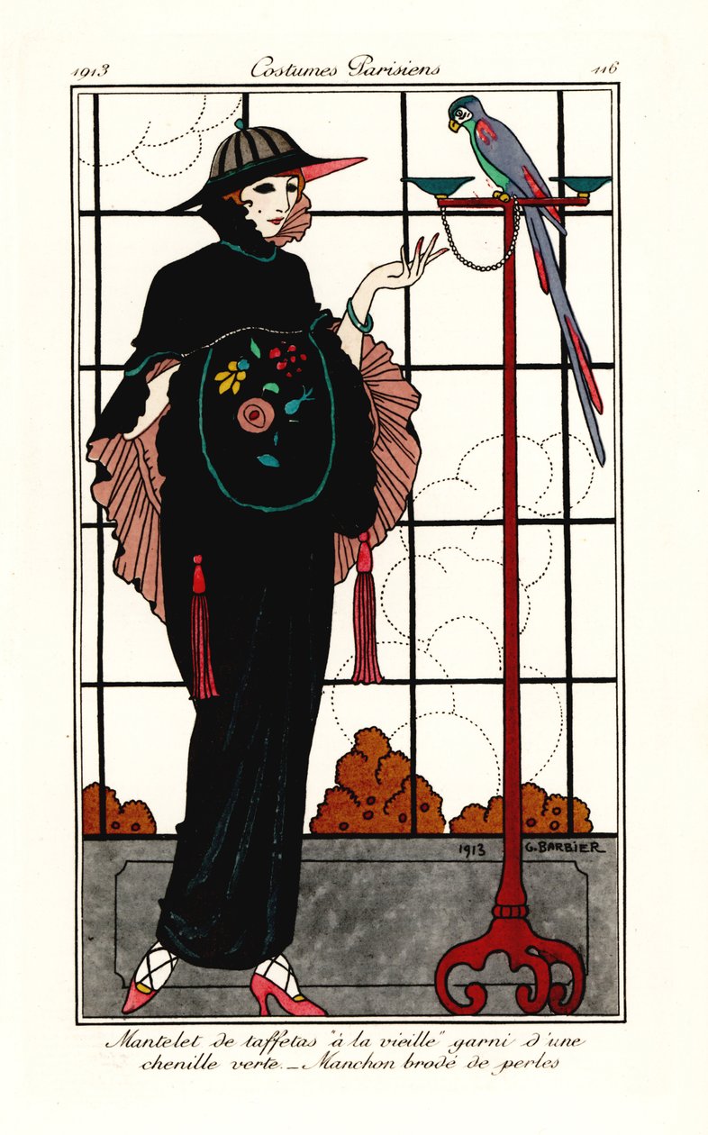 Nainen vanhassa taftiviitassa papukaijan kanssa tekijältä Georges Barbier