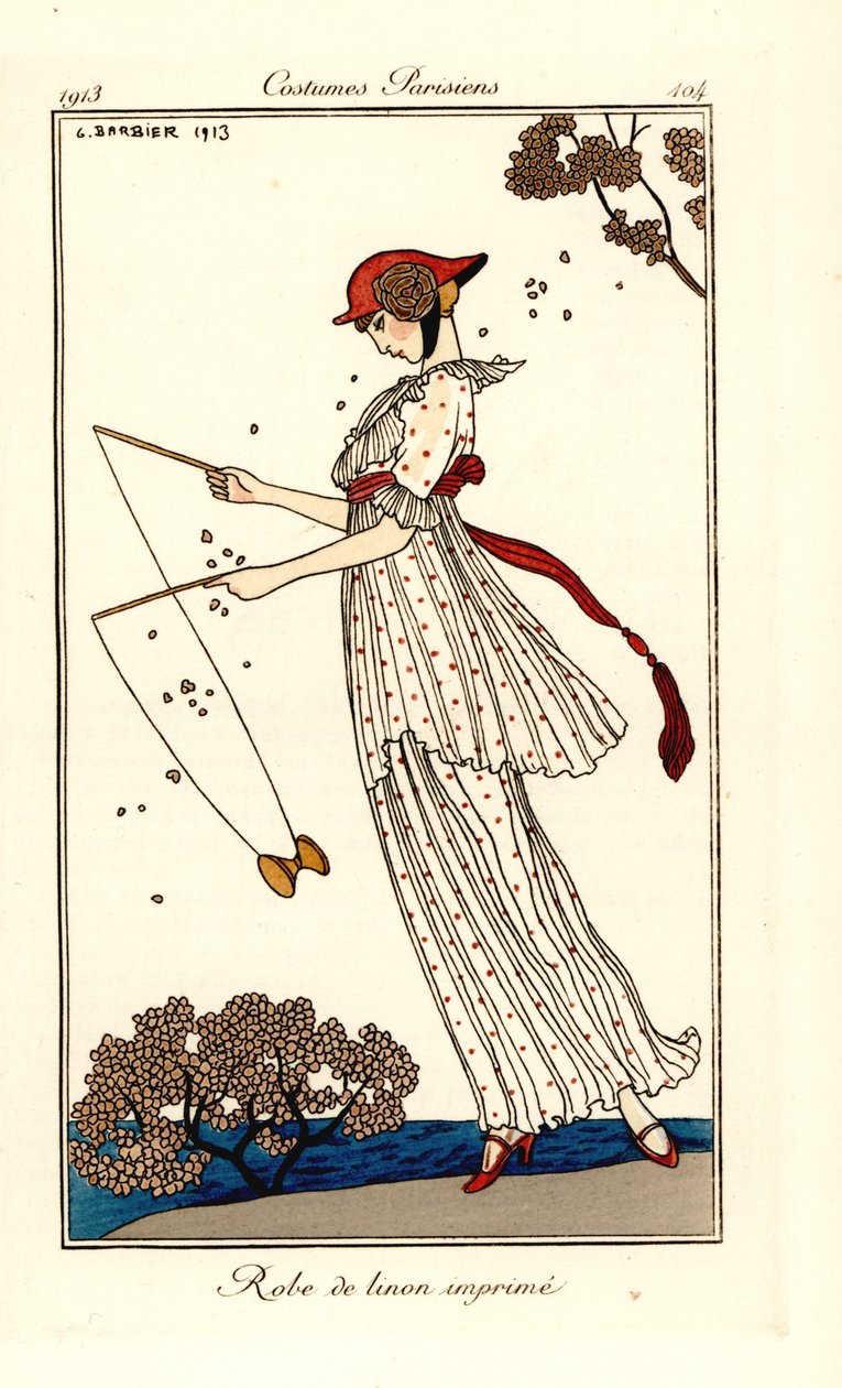 Nainen mekossa painettua pellavaa soittaen diaboloa tekijältä Georges Barbier