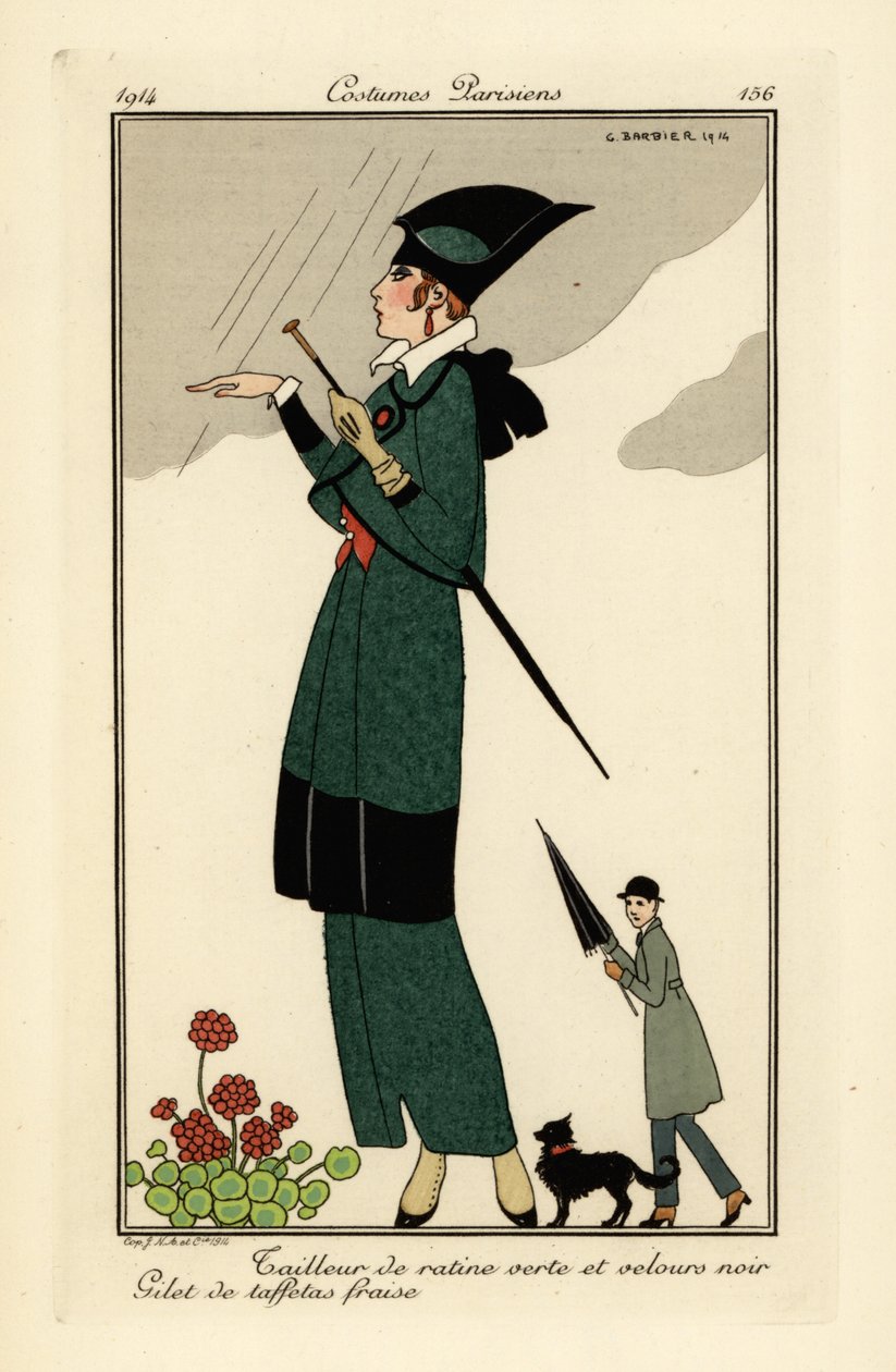 Nainen vihreässä ratiinissa ja mustassa samettipuvussa. tekijältä Georges Barbier