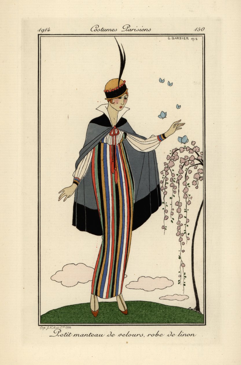 Nainen raidallisessa pellavamekossa, jossa lyhyt samettitakki. tekijältä Georges Barbier