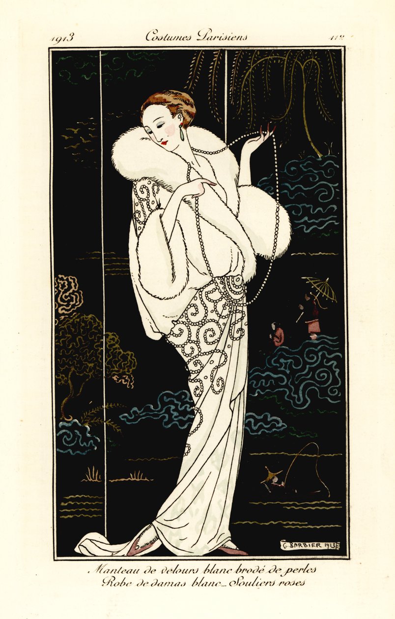 Nainen samettiviittassa, damastipuvussa ja vaaleanpunaisissa tossuissa. tekijältä Georges Barbier