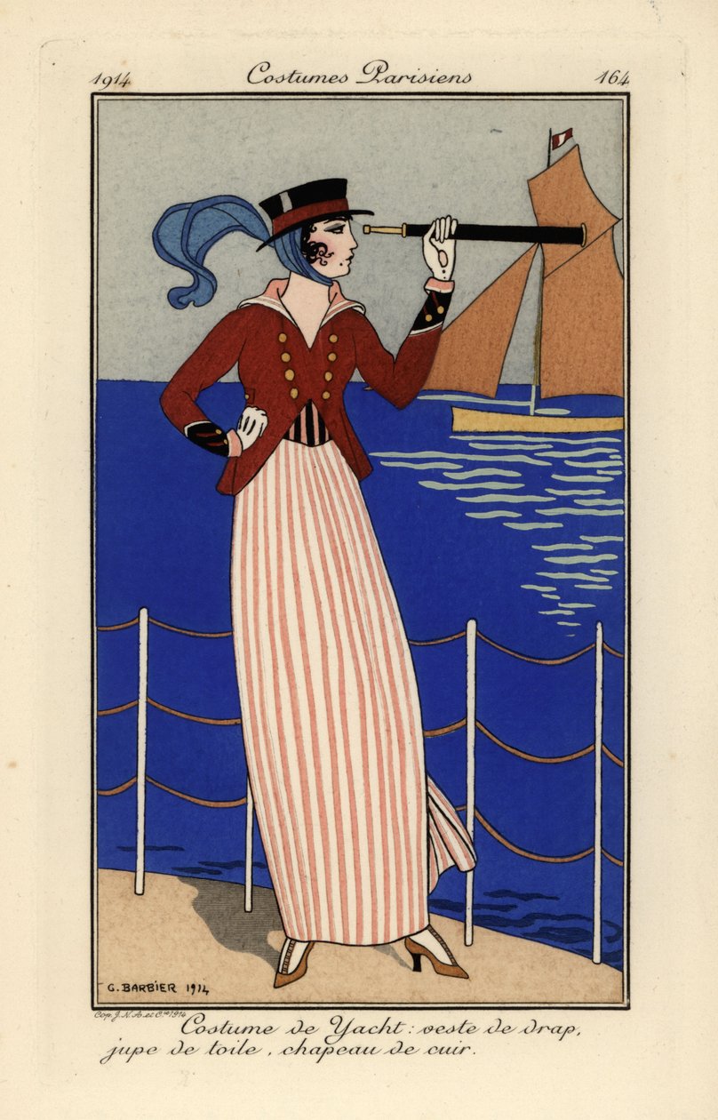 Nainen purjehdusasussa, jolla on kaukoputki. tekijältä Georges Barbier