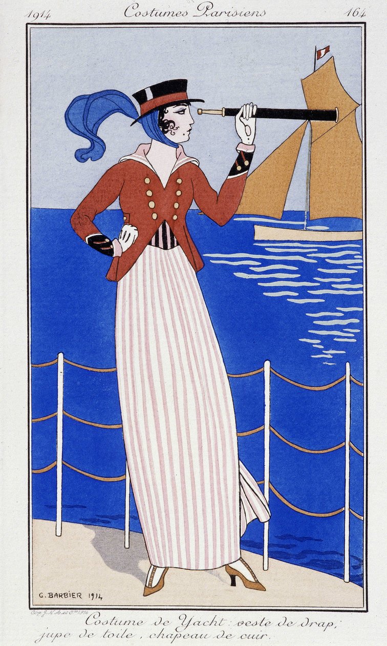 Nainen katselee pitkältä näkymästä huvipuvussa - muoti 1914 tekijältä Georges Barbier