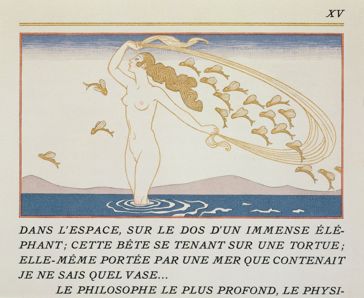 Nainen kahlaamassa vedessä, kuvitus Paul Valeryn (1871-1945) Les Mythesistä, julkaistu 1923 (pokuorokuva) tekijältä Georges Barbier