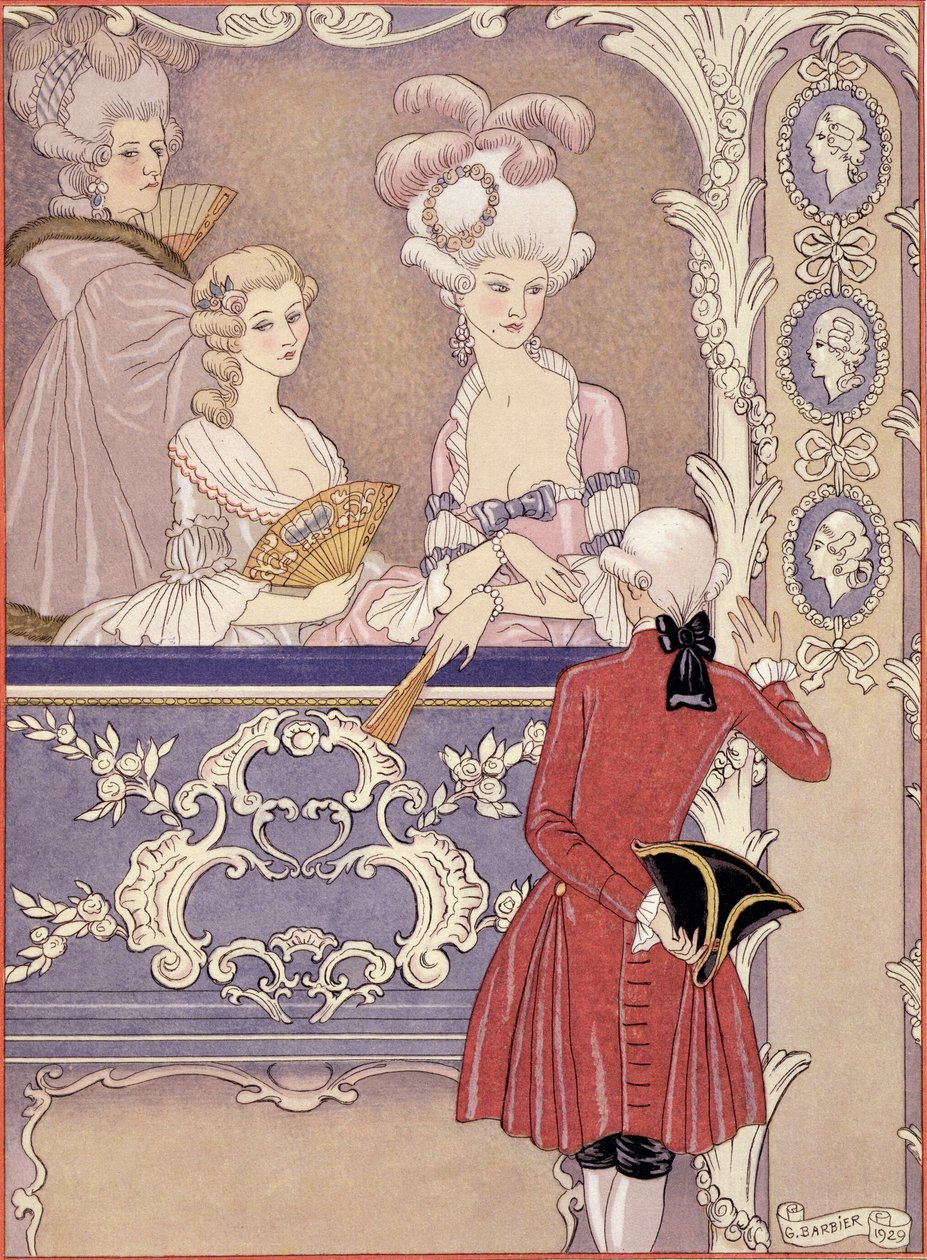 Naiset teatterilaatikossa, kuvitus Pierre Choderlos de Laclosin (1741-1803) Les Liaisons Dangereuses -teoksesta, julkaistu 1920-luvulla (pochoor print) tekijältä Georges Barbier