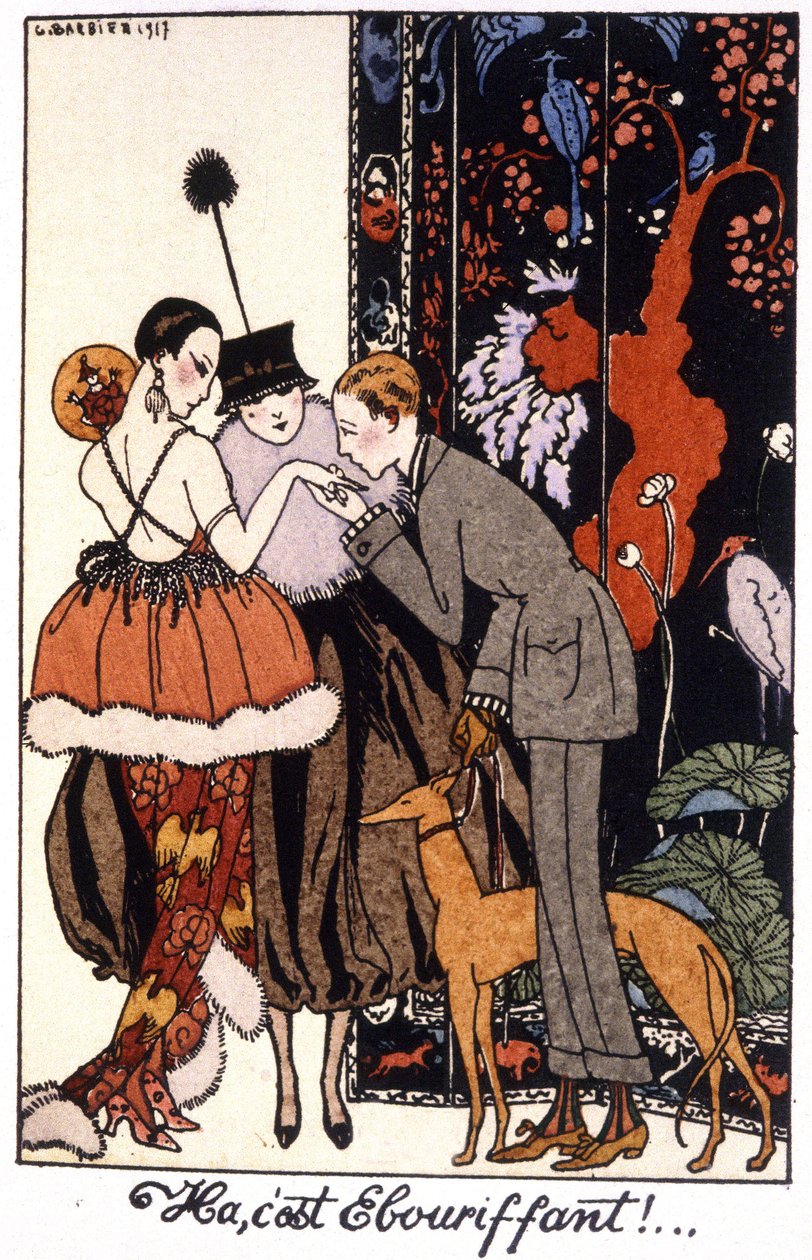 käsien suudelma, eleganssiyö Pariisissa, kaiverrus 1917 tekijältä Georges Barbier