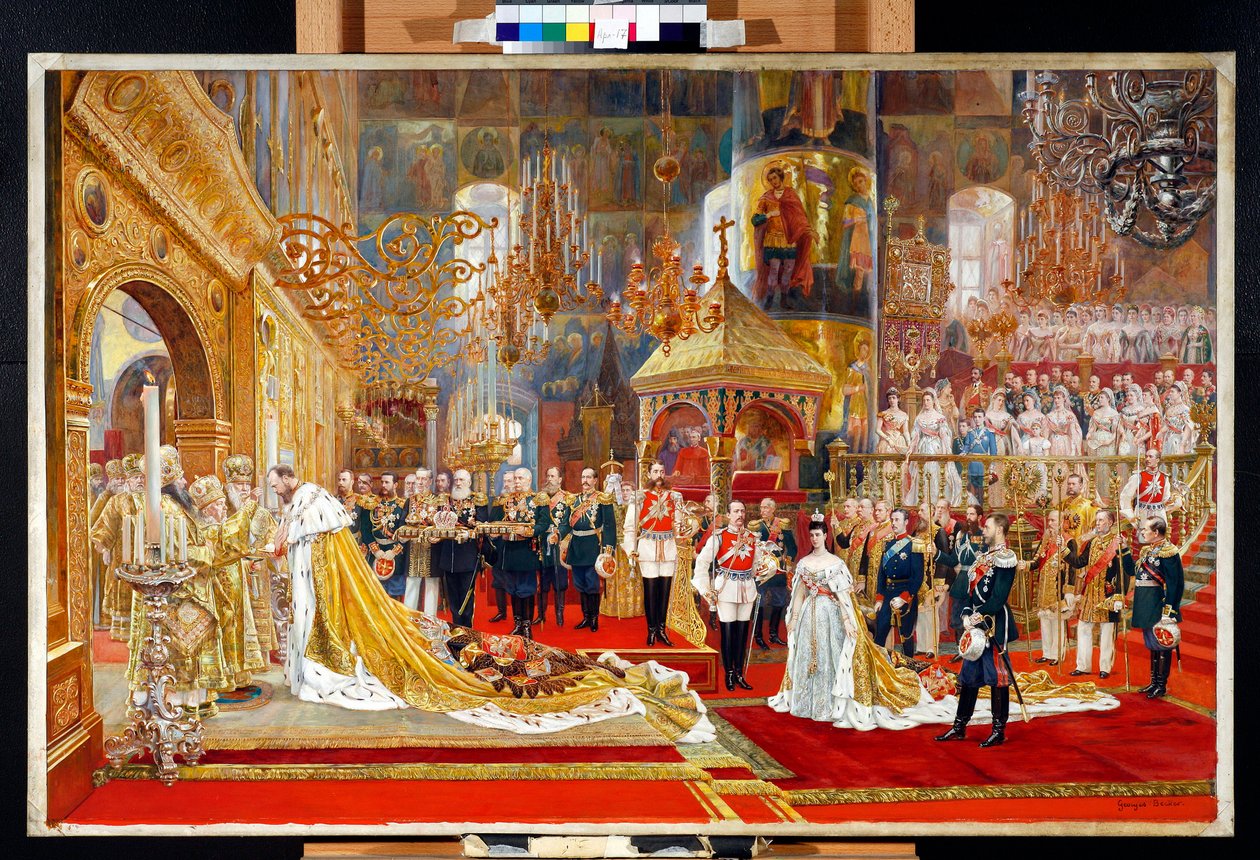 Venäjän tsaari Aleksanteri III:n (1845-1894) ja keisarinna Maria Feodorovnan (Tanskan Dagmar) (1847-1928) kruunaus - Georges Beckerin (1845-1909) taideteos tekijältä Georges Becker