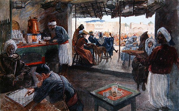 Kahvila Marokossa, n. 1900 (väri litho) tekijältä Georges Bertin Scott
