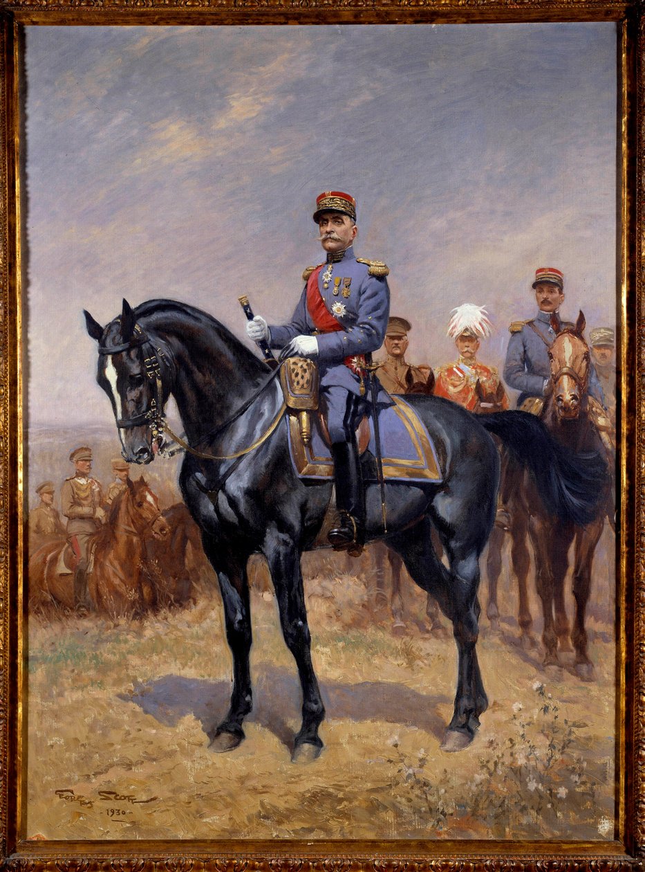 Ensimmäinen maailmansota: "" Ferdinand Fochin (1851-1929) Ranskan marechalin ratsastusmuotokuva"" Hänen takanaan Douglas Haig, Armando Diaz ja Maxime Weygang. Georges Bertin Scottin (1873-1942) maalaus Scott de Plagnollesista 1930 su. 1,25x0,92 m. Pariisi, tekijältä Georges Bertin Scott
