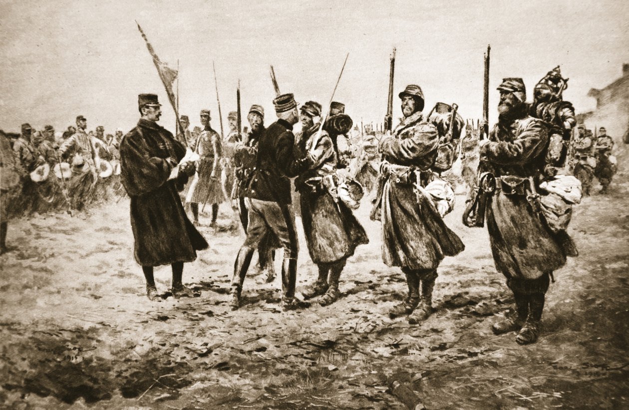 Tulilinjan rohkeiden kunniaksi: ranskalainen kenraali jakoi kunnianosoituksen sotilasmitalilla palkituille miehille, "The Illustrated War News" tekijältä Georges Bertin Scott