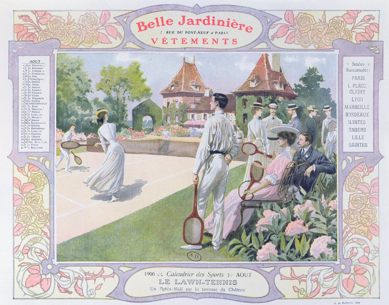 Lawn Tennis, elokuun kuvitus La Belle Jardiniere -vaatekaupan kalenterista, 1906 tekijältä Georges Bertin Scott