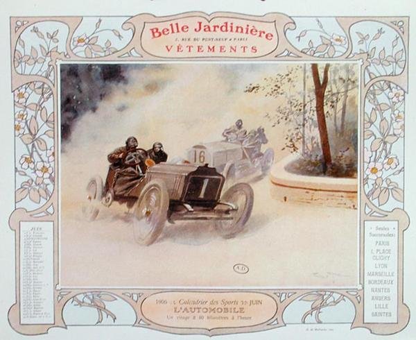 Motor Racing, kesäkuun kuvitus La Belle Jardiniere -vaatekaupan kalenterista tekijältä Georges Bertin Scott