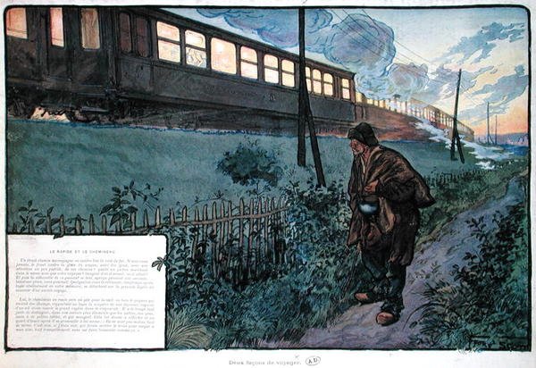 Kaksi matkustustapaa, pikajuna ja kulkuri, 1900-luvun alku (värilitho) tekijältä Georges Bertin Scott