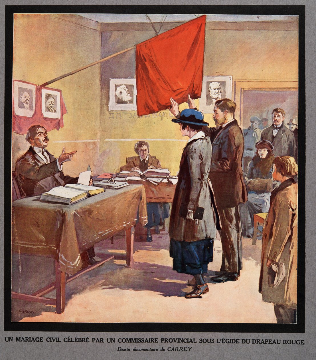 Maakuntavaltuutetun punaisen lipun alla toimeenpanema siviiliavioliitto, teoksesta Histoire des Soviets, pub. 1922 (värilitro) tekijältä Georges Carrey
