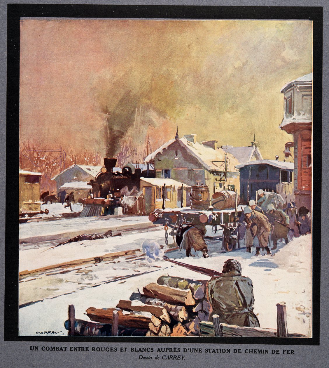 Punaisen ja valkoisen kaartin välinen taistelu rautatieasemalla, teoksesta Histoire des Soviets, pub. 1922 (värilitro) tekijältä Georges Carrey
