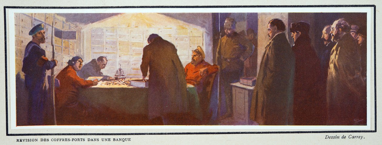 Pankkiholvin sisällä vallankumouksen aikana, teoksesta Histoire des Soviets, pub. 1922 (väriliitos) tekijältä Georges Carrey