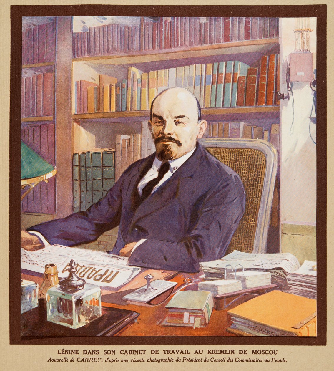 Lenin toimistossaan Kremlissä Moskovassa, teoksesta Histoire des Soviets, pub. 1922 (värilitro) tekijältä Georges Carrey