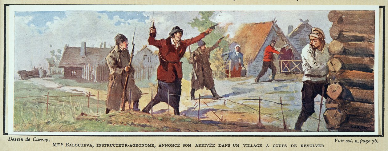 Agronomi Baloujeva ilmoittaa saapumisestaan kylään revolverin kanssa, Histoire des Soviets, pub. 1922 (värilitro) tekijältä Georges Carrey