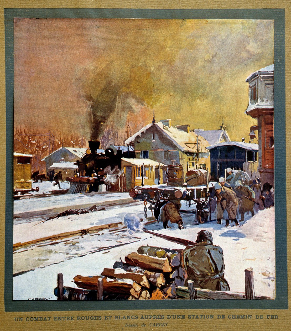 Venäjän vallankumous 1917: valkoisten ja punaisten välinen taistelu rautatieaseman lähellä. tekijältä Georges Carrey