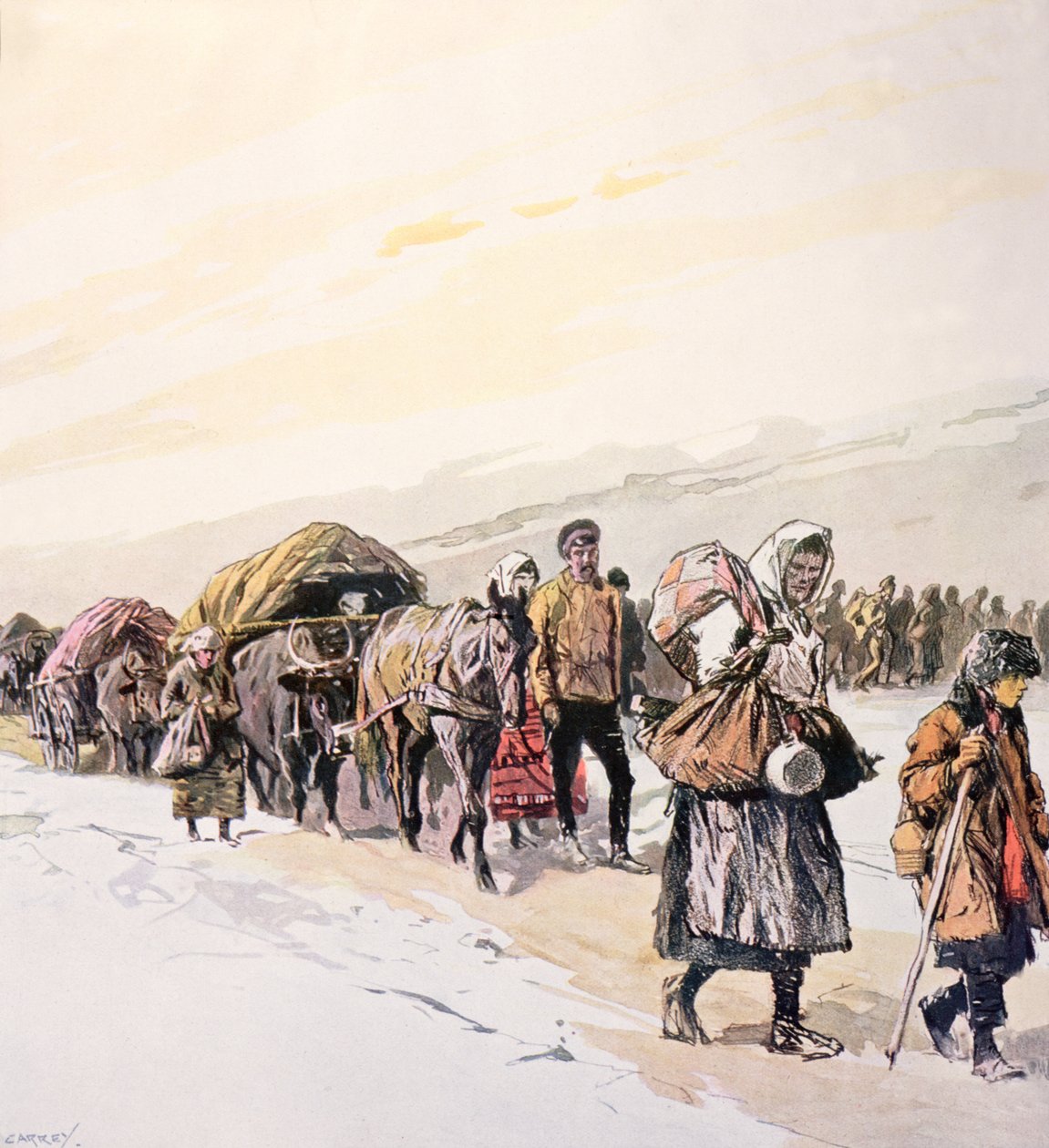 Nälkäiset väkijoukot jättämässä isänmaataan, noin 1924 (värilitografia). tekijältä Georges Carrey