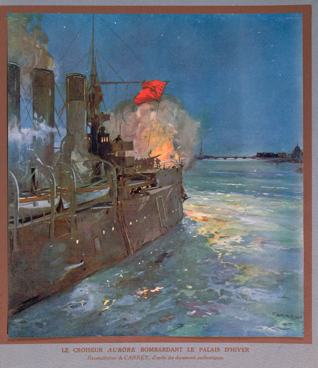 Risteilijä Aurora pommittaa Talvipalatsia, n. 1923-24 (värilitografia). tekijältä Georges Carrey