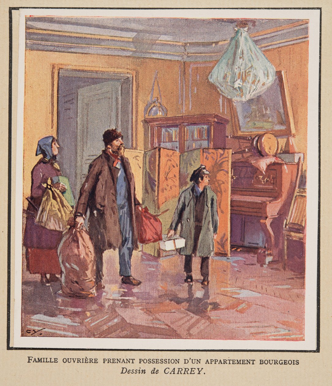 Työläisperhe ottaa haltuunsa porvarillisen asunnon, teoksesta Histoire des Soviets, pub. 1922 (värilitro) tekijältä Georges Carrey