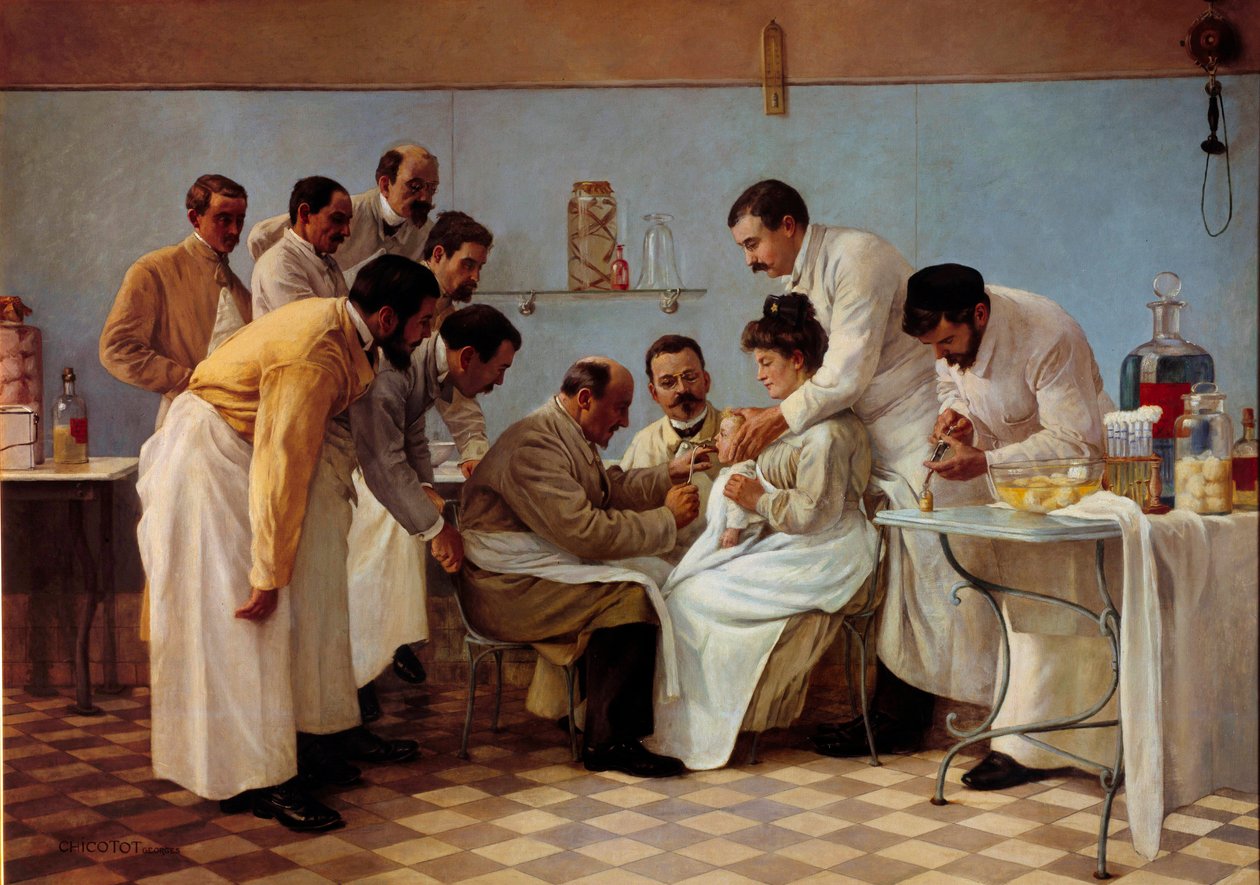 Lääketiede: "" Kotelo""" Putken työntäminen on kurkkumätä lapsi. Georges Chicototin maalaus (toimii vuosina 1899-1907). 1900-luvun aurinko. 1,3x1,8 m Musee de l