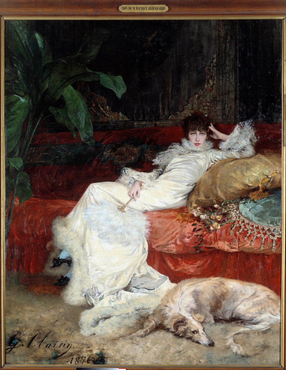 Georges Jules Victor Clairinin (1843 - 1919) koomikko Henriette Rosine Bernardin muotokuva Sarah Bernhardtissa (1844-1923) tekijältä Georges Clairin