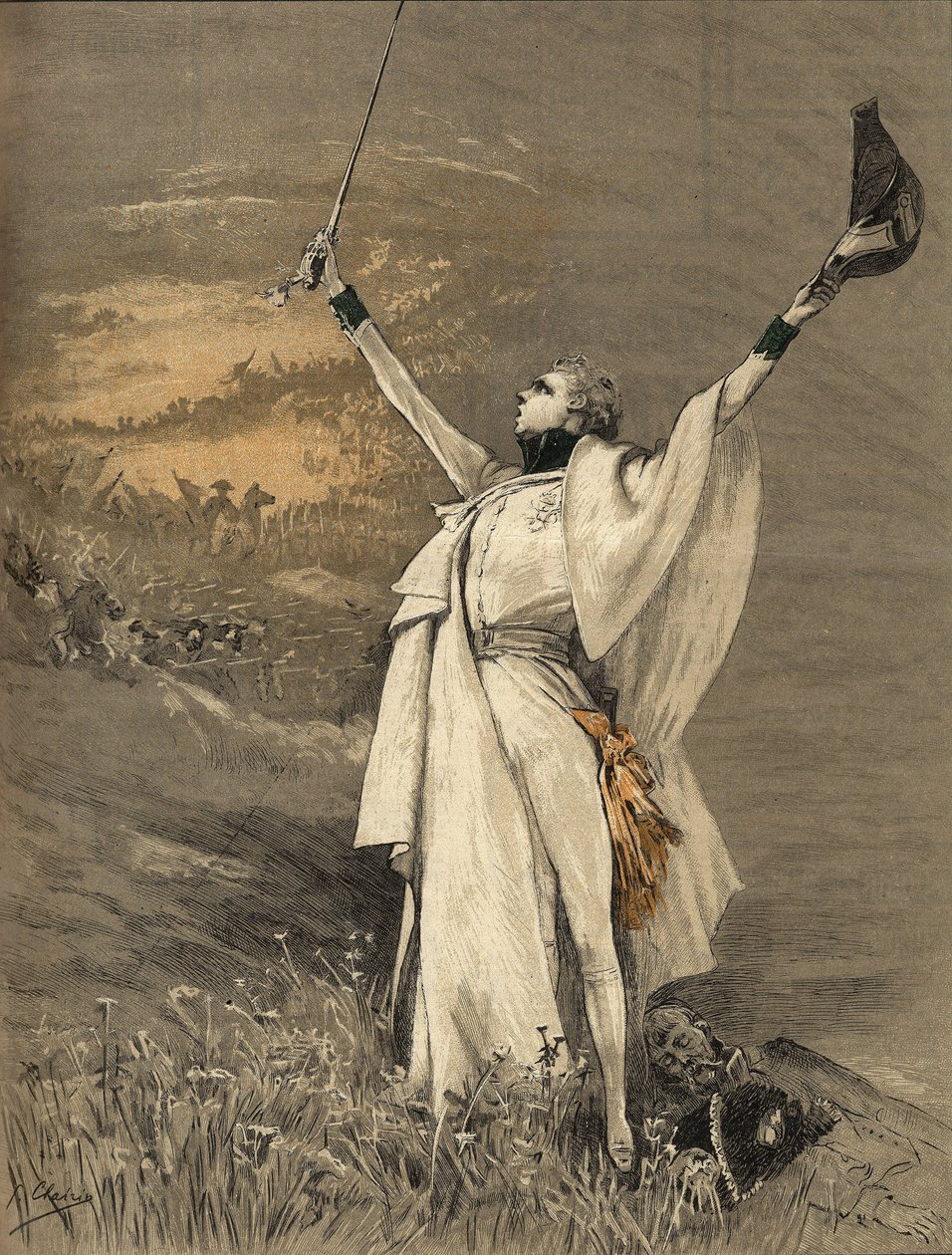 Näyttelijä Henriette Rosine Bernard kutsui Sarah Bernhardtia (1844-1923) Reichstadtin herttuan roolissa (keisari Napoleon I:n (1769-1821) poika) - "" Aiglon", Georges Jules Victor Clairinin (1843 - 1919) kaiverrus. ) vuodelta 1900. tekijältä Georges Clairin
